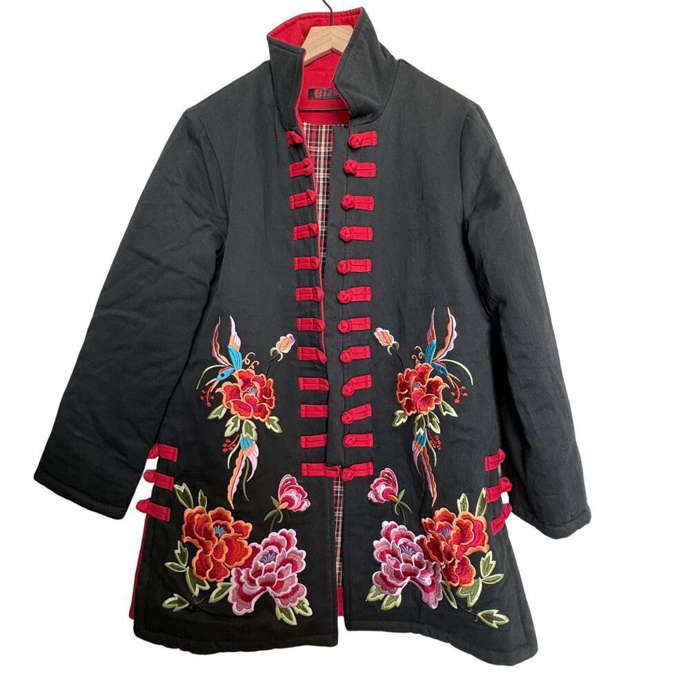 Feng Wu Jiu Tian Embroidered Floral Phoenix Coat  M L Quilted Linen Asian